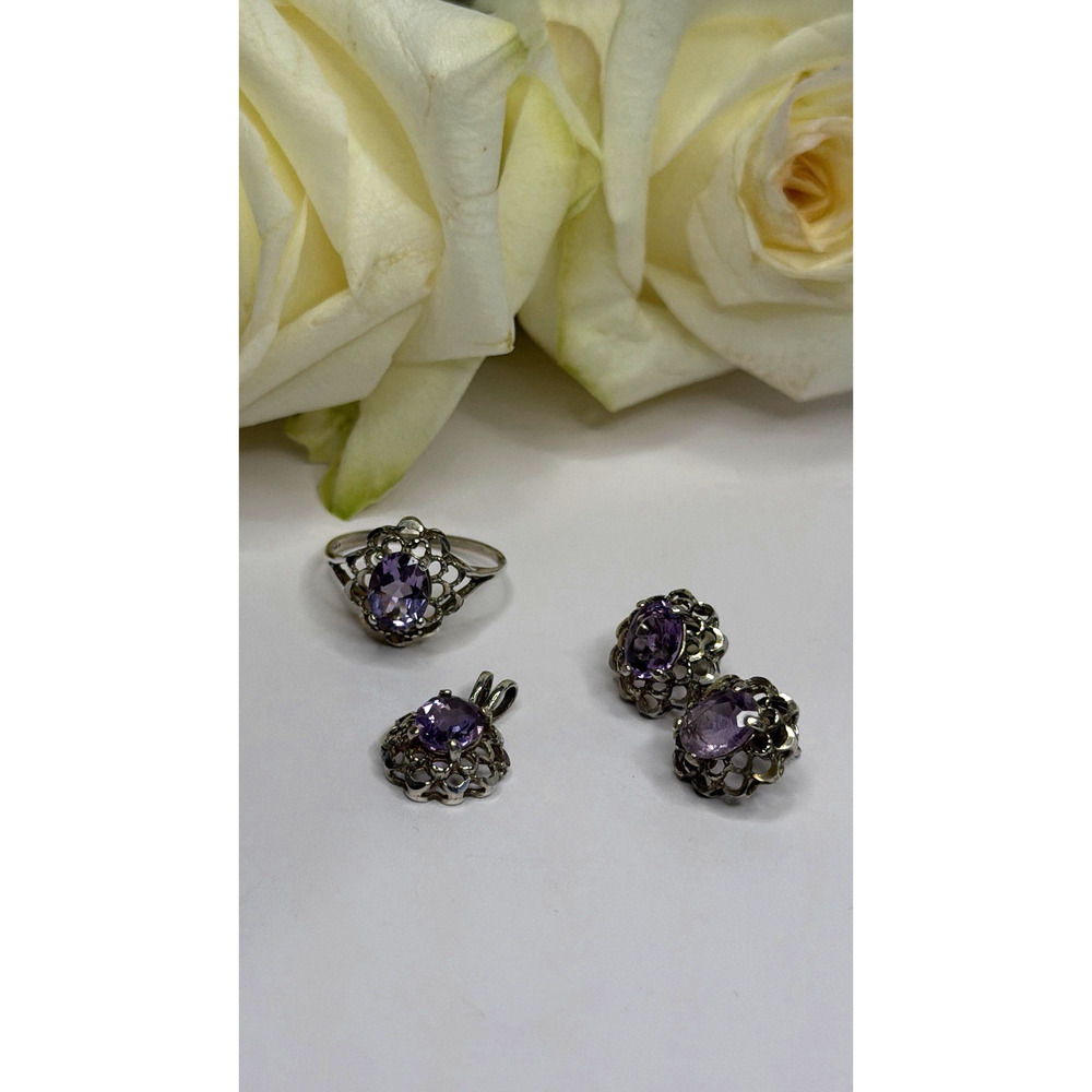 925 Sterling Silver Amethyst Set Floral Filigree Ring Pendant & Earrings